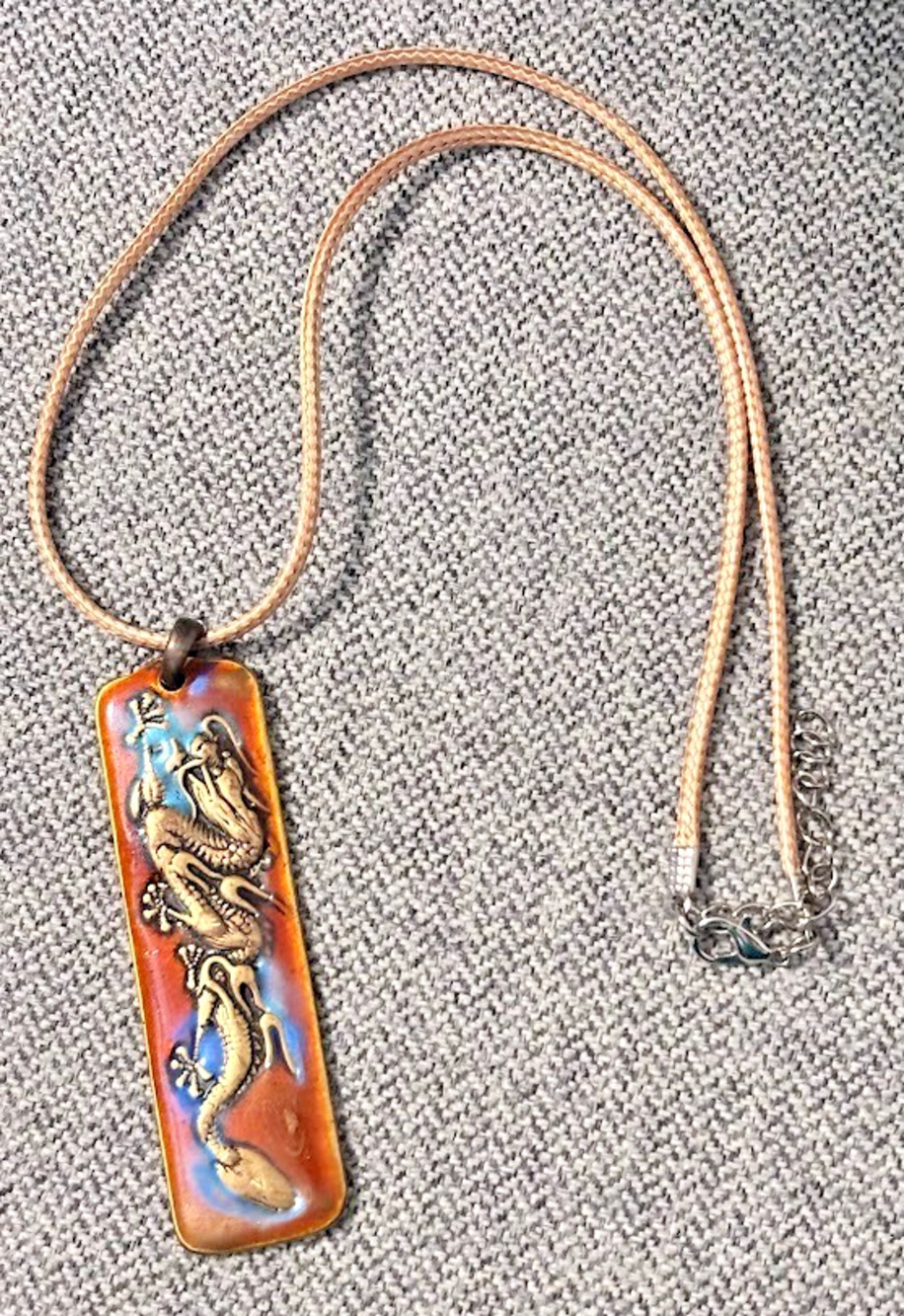 Vintage Brass Enamel Dragon Pendant Necklace Descendant of the Dragon Amulet 3D